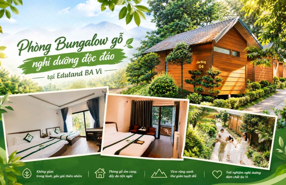 Bungalow Gỗ Tại Eduland Ba Vì – Phòng Nghỉ View Sông Đà, Tắm Thảo Dược & Không Gian Xanh Riêng Tư